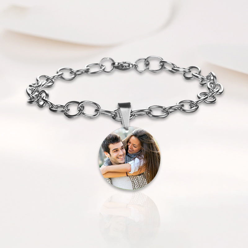 Custom Photo Titanium Round Pendant Bracelet Personalized Jewelry Photo Bracelet Gift