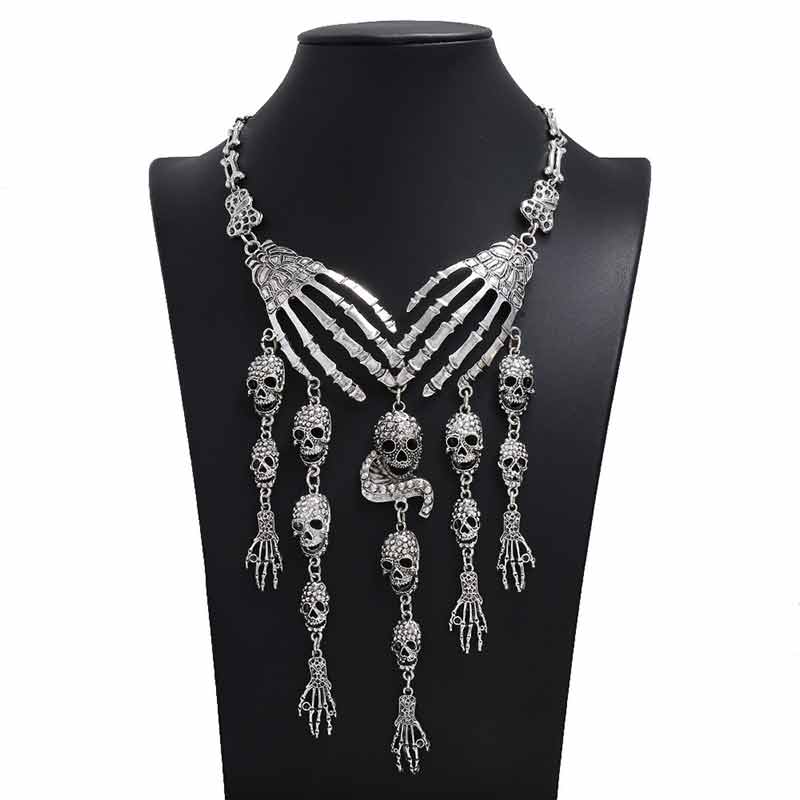 Love Never Dies Necklace, Black Rose & Skeleton Hand by Alchemy Gothic