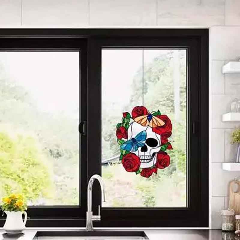 Skull And Rose Window Cling With Butterfly Metal Craft