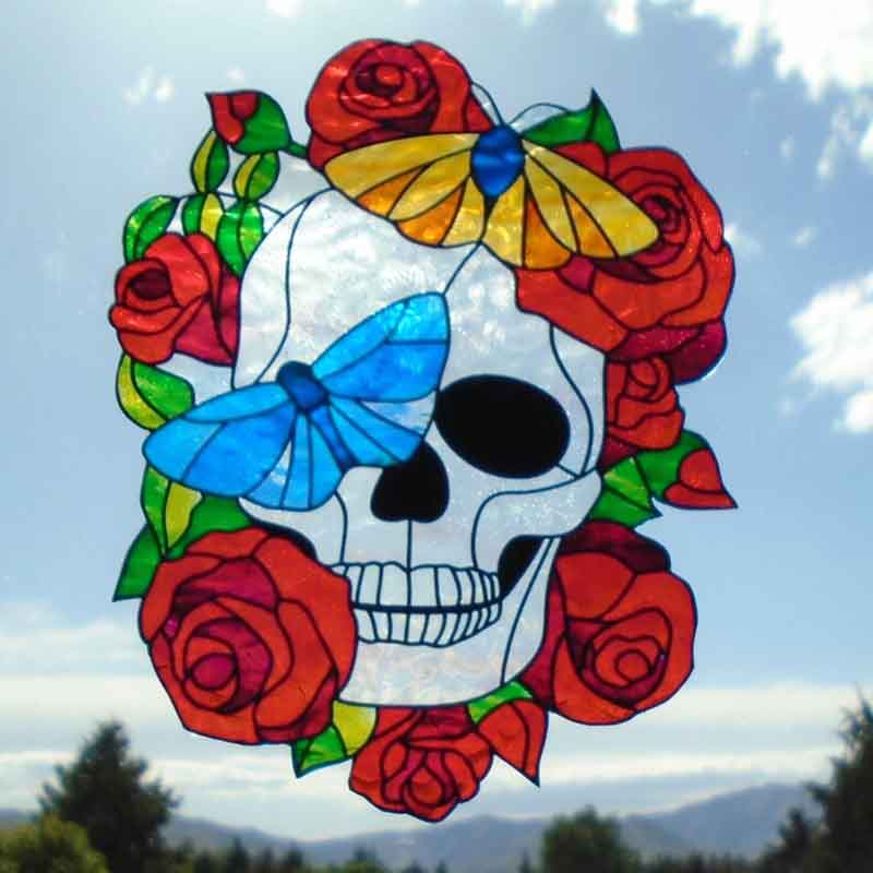 Skull And Rose Window Cling With Butterfly Metal Craft