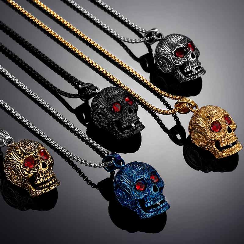 Skull Chain Tribal Necklace With Red Rhinestone Eyes