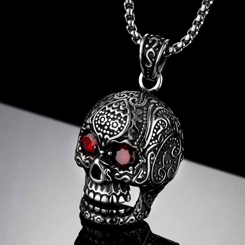 Skull Chain Tribal Necklace With Red Rhinestone Eyes