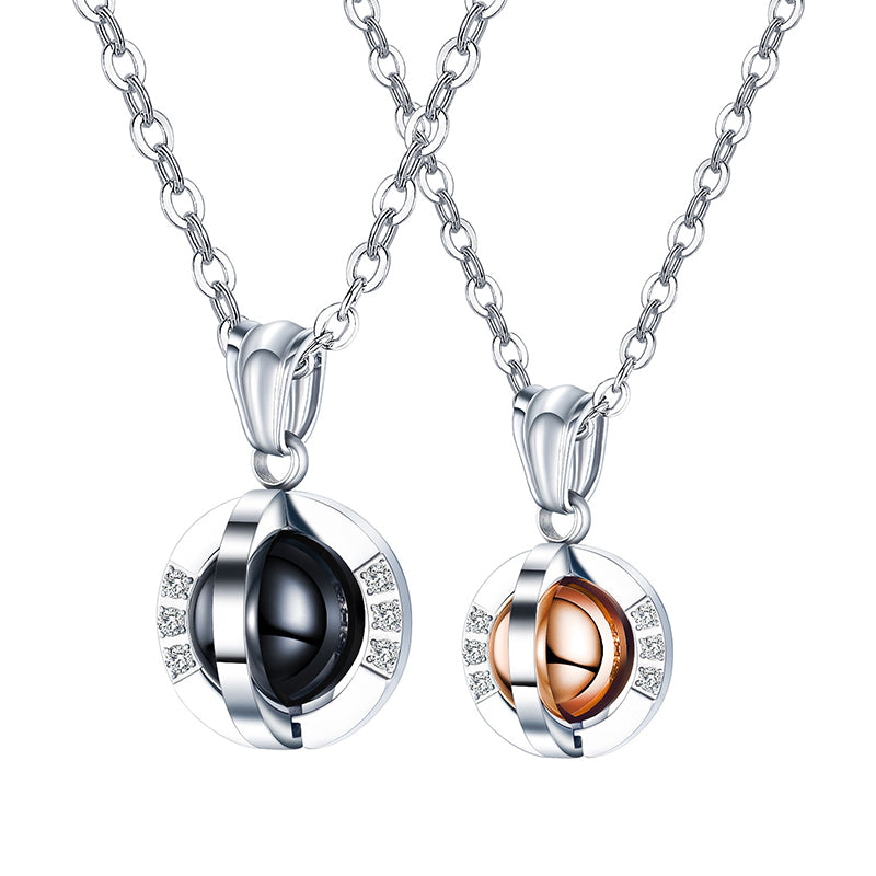 Turnable Ball Pendant Titanium Steel With Diamonds Couple Necklace