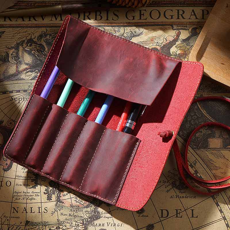 Vintage Cowhide Leather Pencil Case Curtain Multifunctional Roll Pencil Case