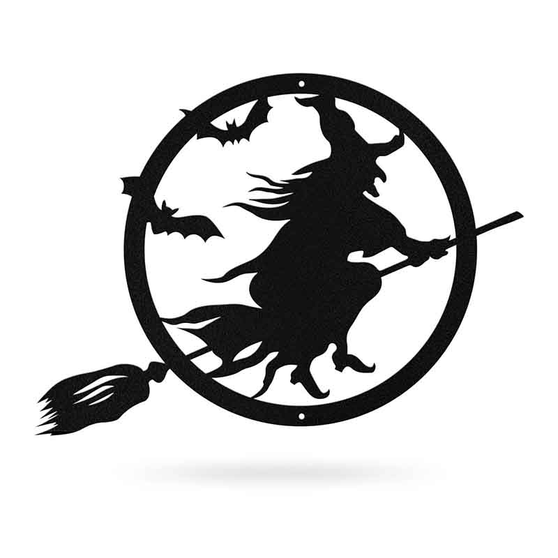 Witch On Broomstick Sign Spooky Bat Metal Door Decor