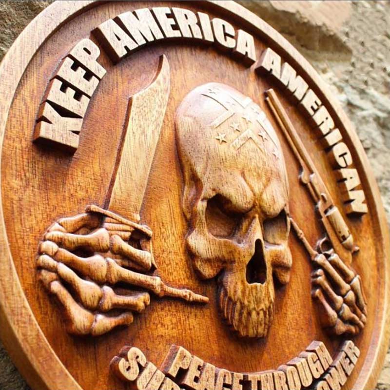 Wood Wall Hanging Skull Carving American Patriot Art