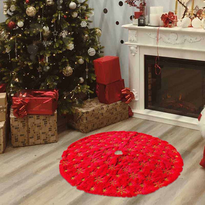 Xmas Tree Skirt Gold Glittered Snowflake Red Tree Skirt