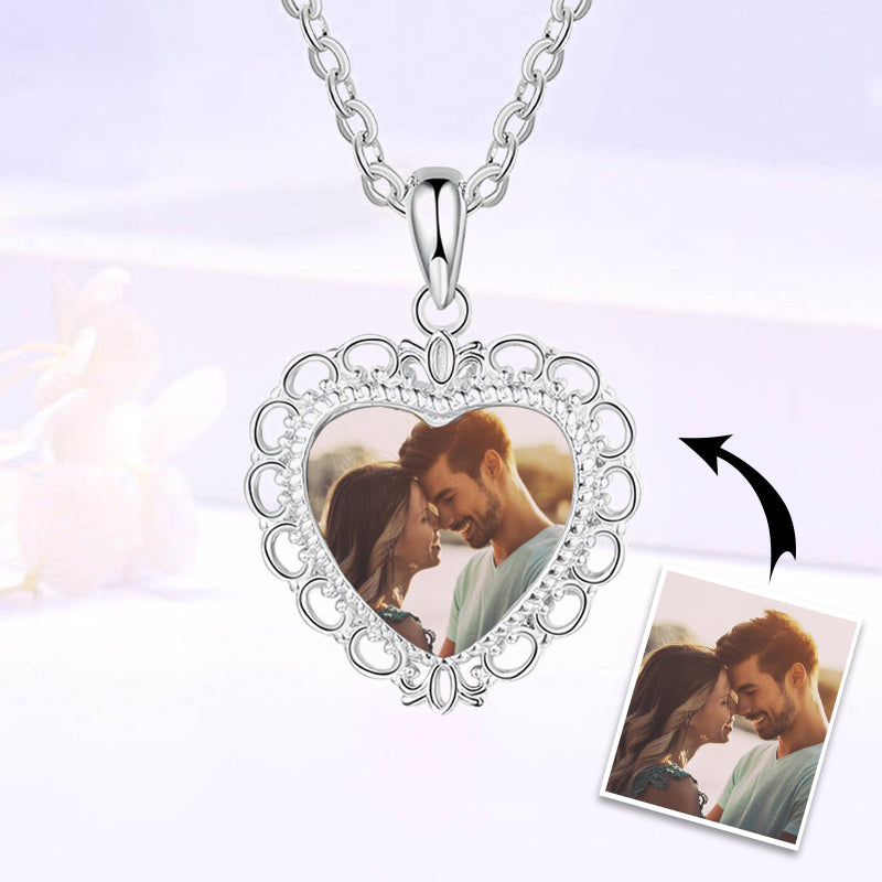 Custom Photo Locket Necklace Hollow Floral Heart Charm Pendant Necklace