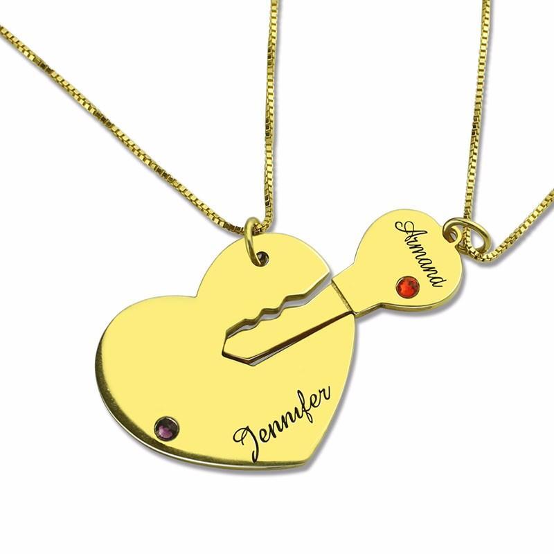 Customized Key & Heart Pendants Two Names Necklace with Birthstone Personalized Couple Jewelry