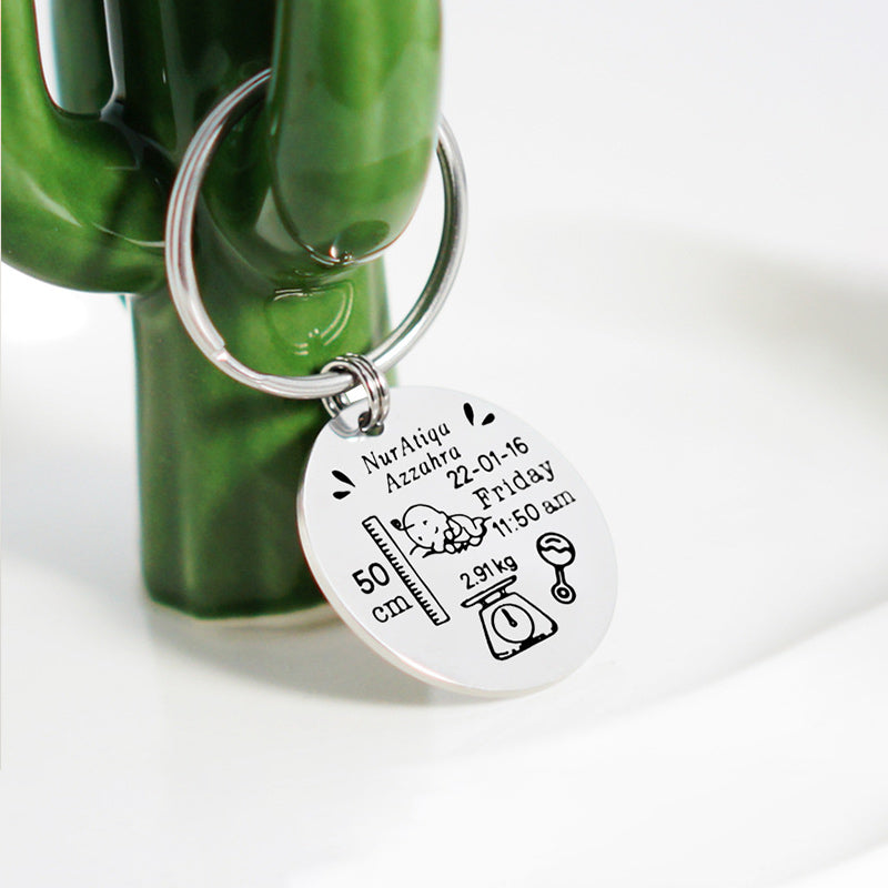 Custom Newborn Birthday Key Charm Personalized Engraved Baby Birth Keychain